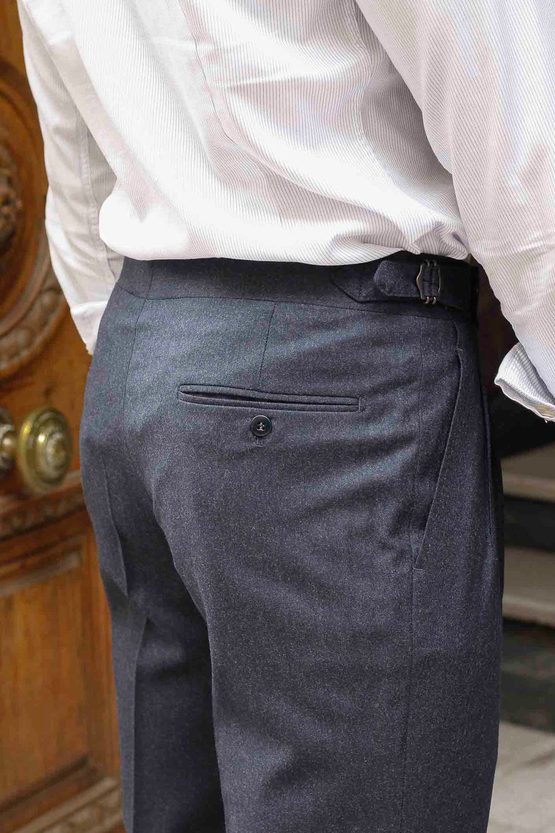 Blue Flannel Dress Pants with Belts and Double Front Pleats
