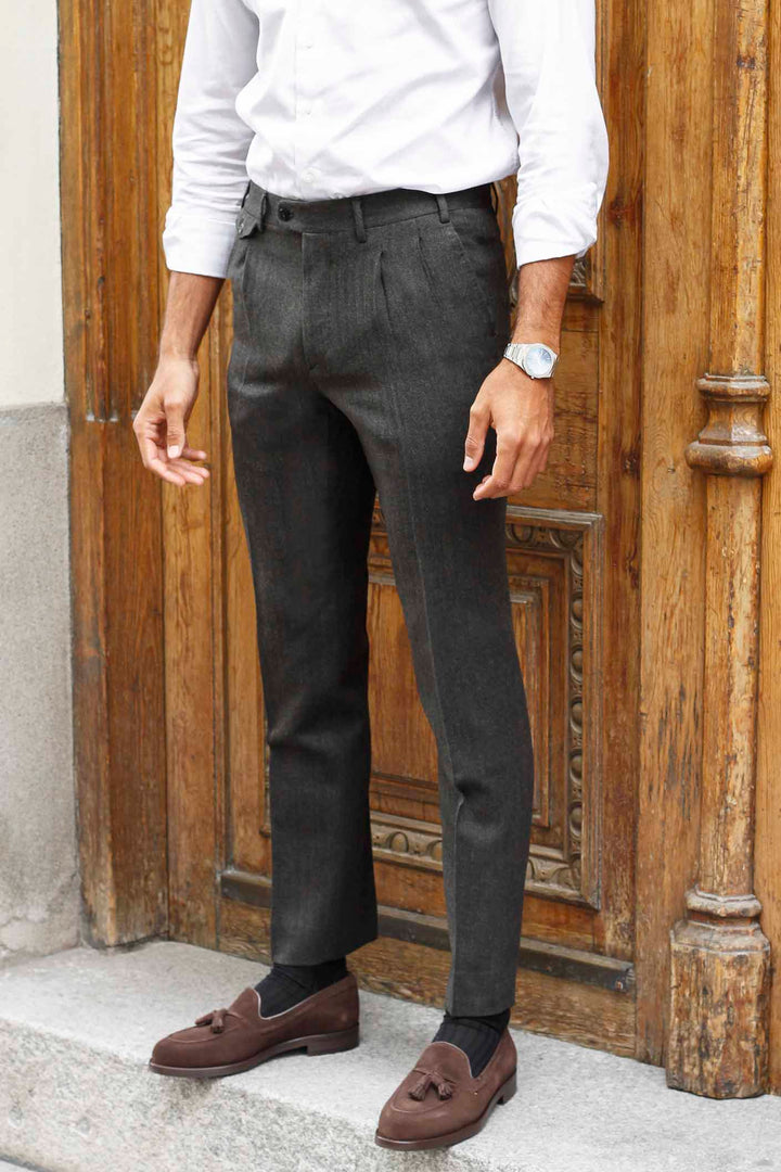 Brown Herringbone Dress Pants Double Front Pleat and Watchmaker