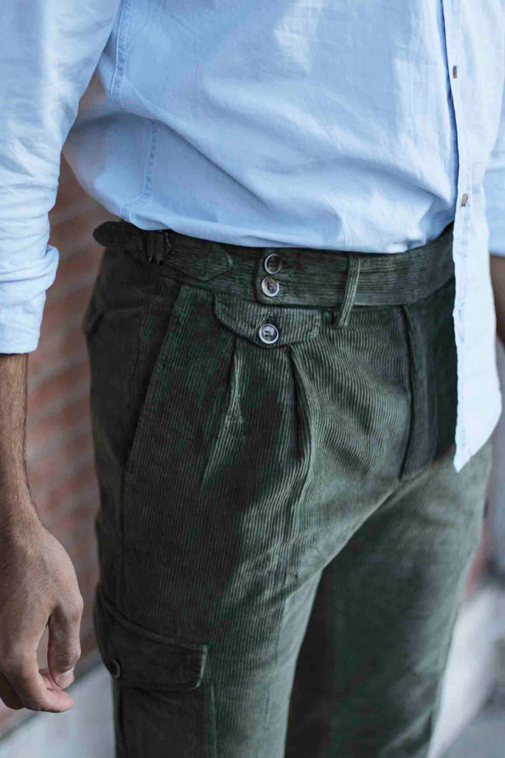 Sartorial Cargo Thick Corduroy Green Double Front Clip and Belts