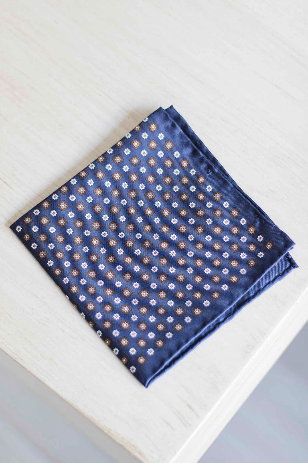 Blue Twill Silk Scarf With White and Brown Daisies