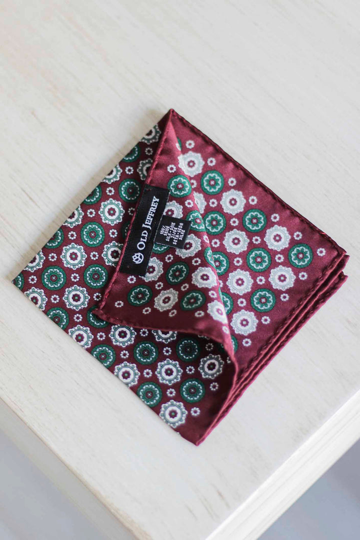 Burgundy Twill Silk Scarf Green White and Burgundy Geometry