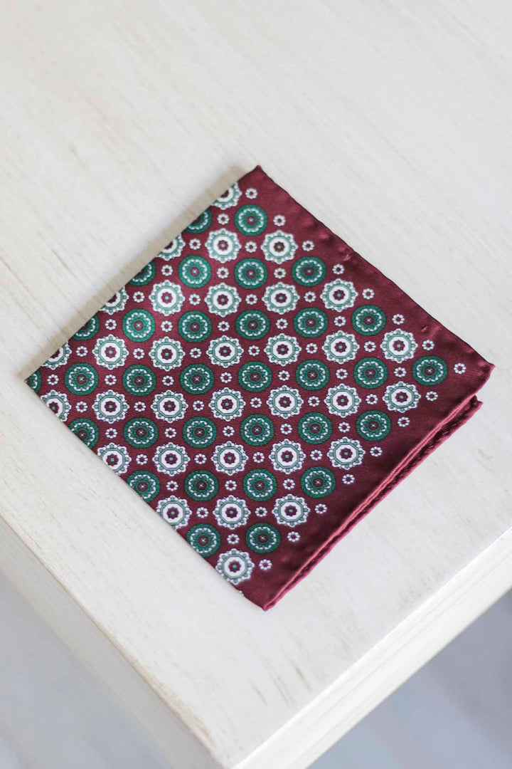 Burgundy Twill Silk Scarf Green White and Burgundy Geometry