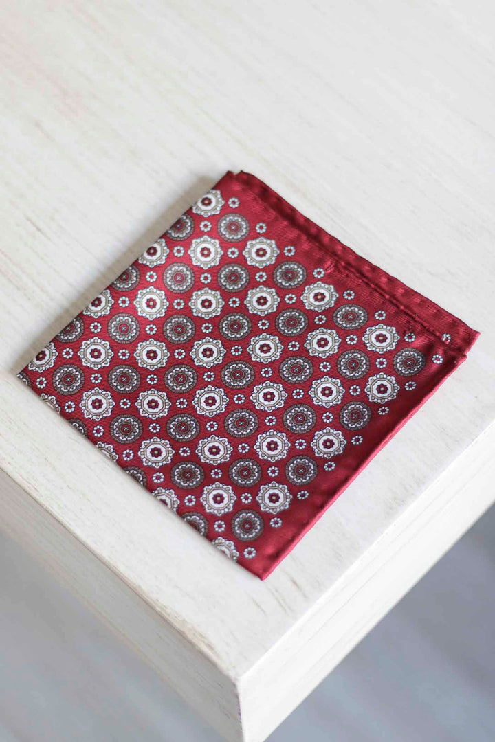 Ruby Twill Silk Scarf Coffee, Ocher and Bordeaux Geometry