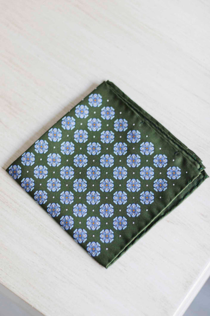 Basil Green Twill Silk Scarf Light Blue Rosette