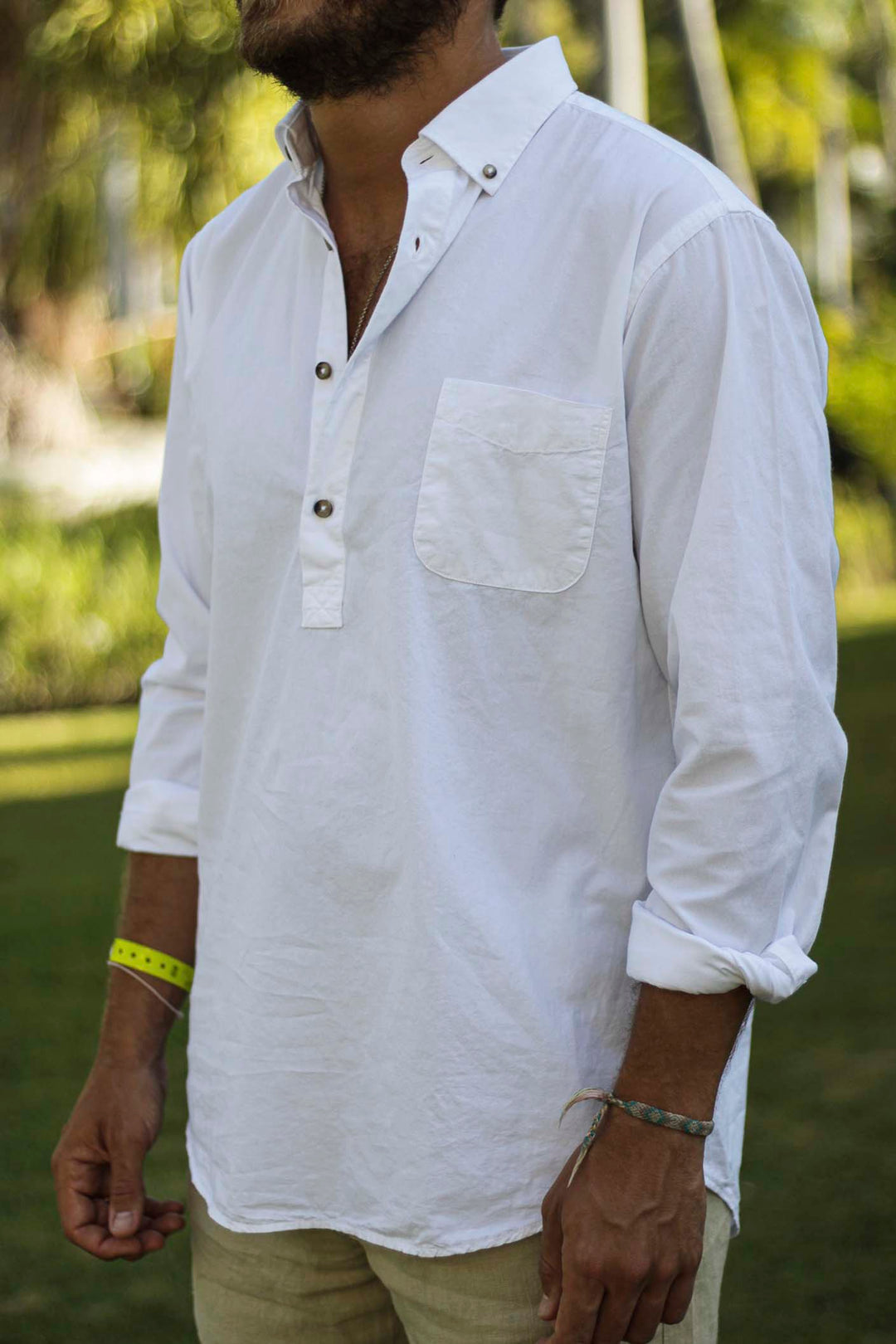 Chalk White Cotton T-Shirt with Horn Buttons
