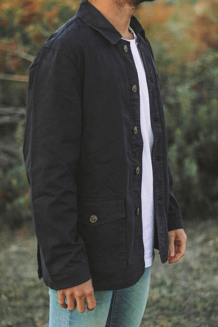 Navy Blue Cotton Overshirt with Horn Buttons