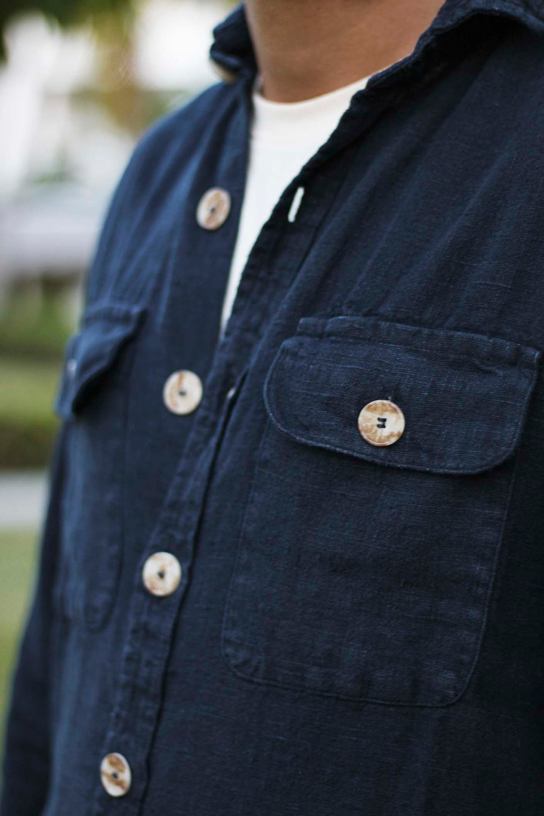 Navy Blue Linen Double Pocket Overshirt with Placket