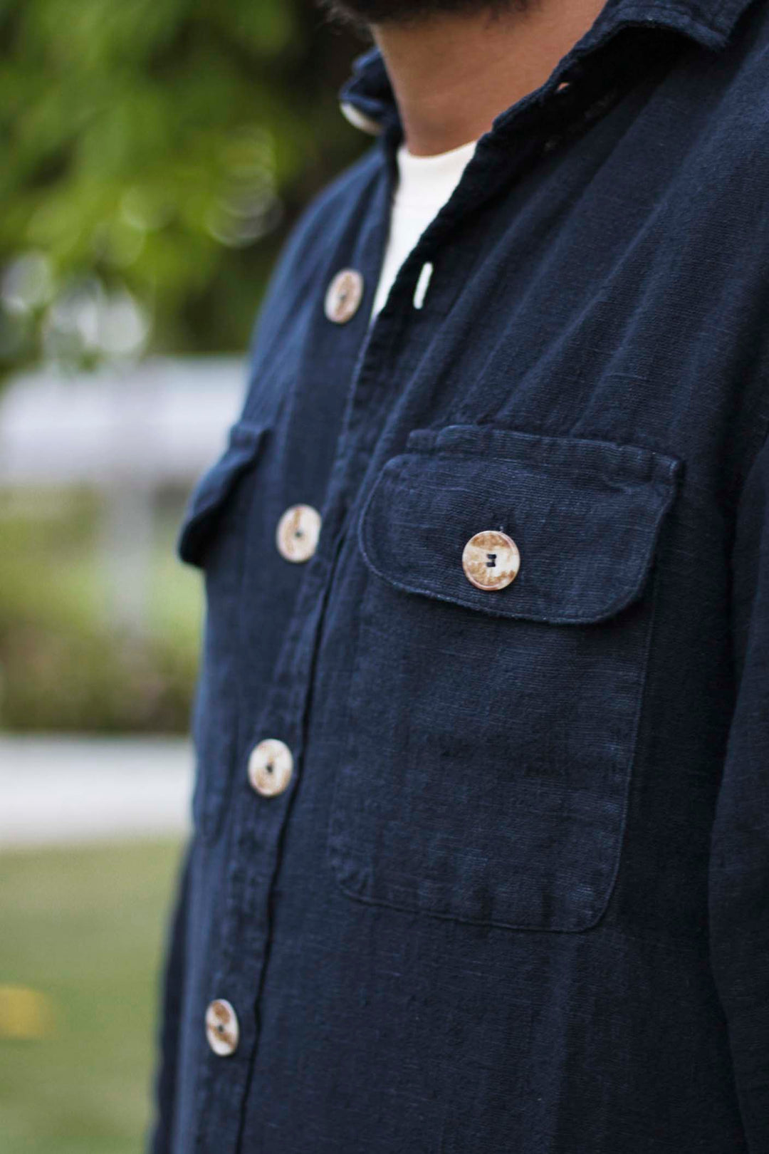 Navy Blue Linen Double Pocket Overshirt with Placket