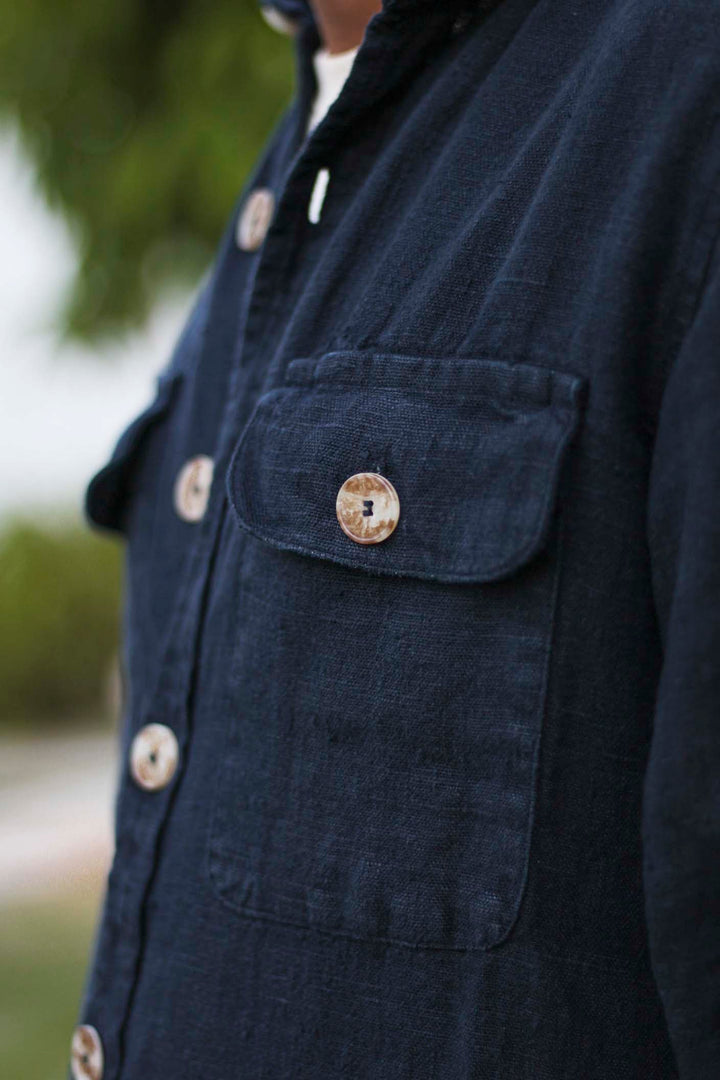 Navy Blue Linen Double Pocket Overshirt with Placket