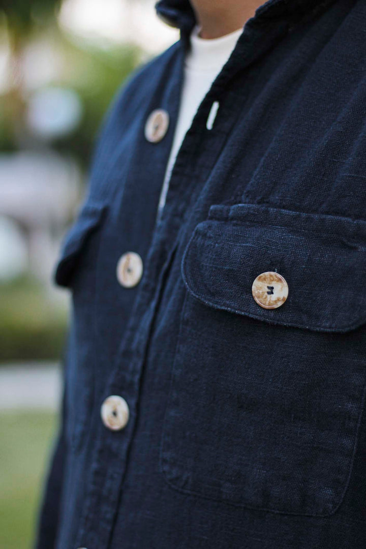 Navy Blue Linen Double Pocket Overshirt with Placket