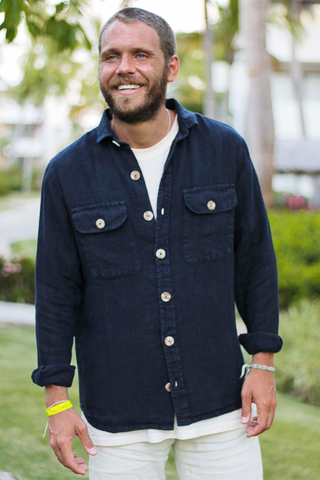 Navy Blue Linen Double Pocket Overshirt with Placket