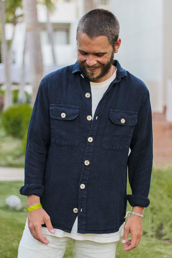 Navy Blue Linen Double Pocket Overshirt with Placket