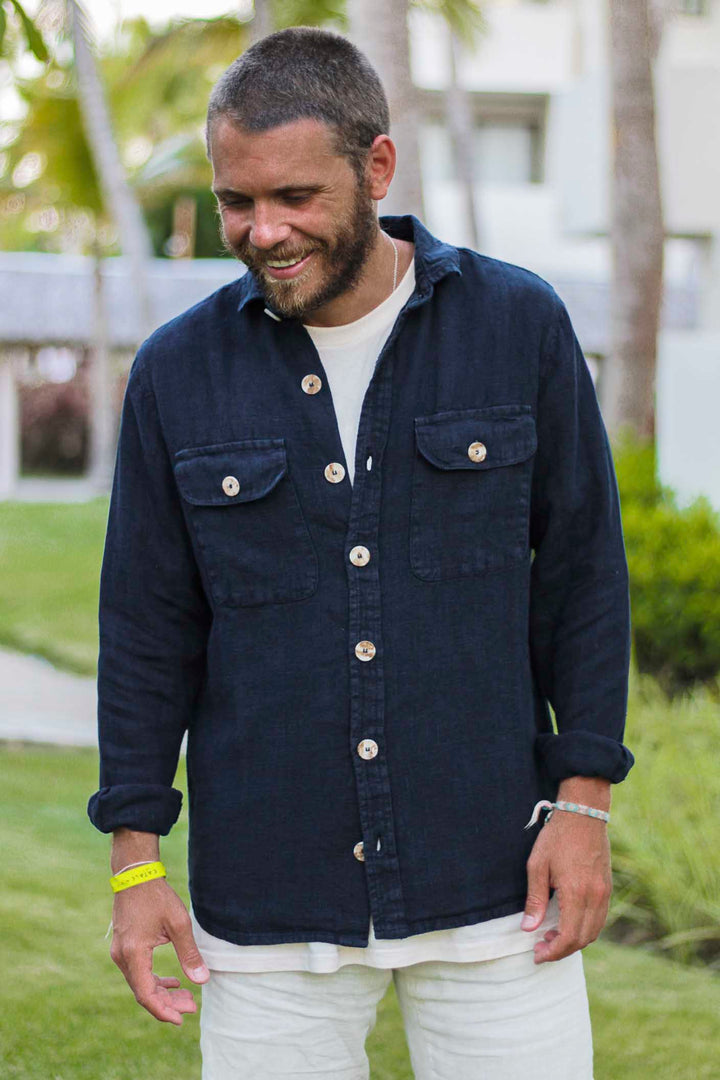 Navy Blue Linen Double Pocket Overshirt with Placket