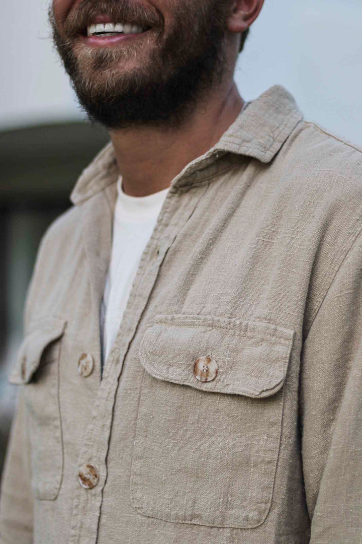 Beige Sahara Linen Double Pocket Overshirt with Placket