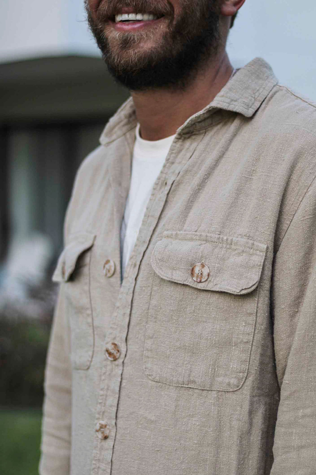 Beige Sahara Linen Double Pocket Overshirt with Placket