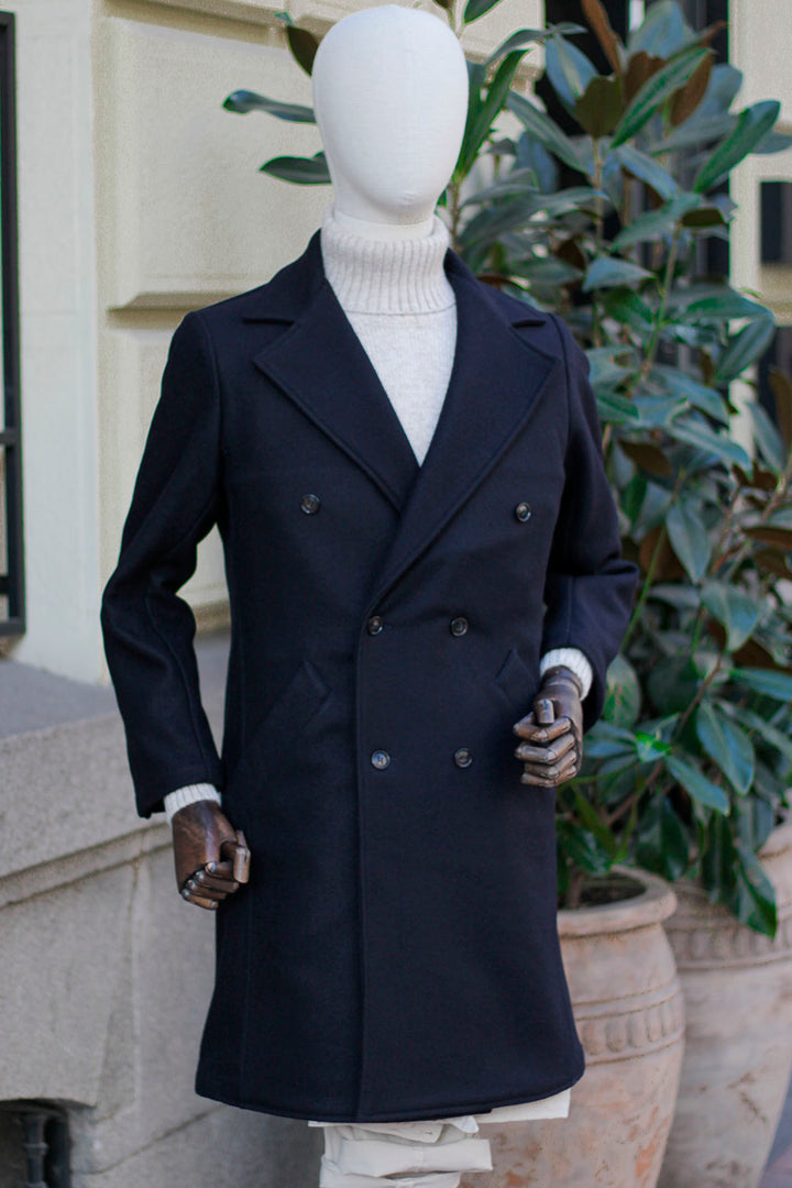 Navy Blue Wool Double Breasted Coat Lapel 13,5cm