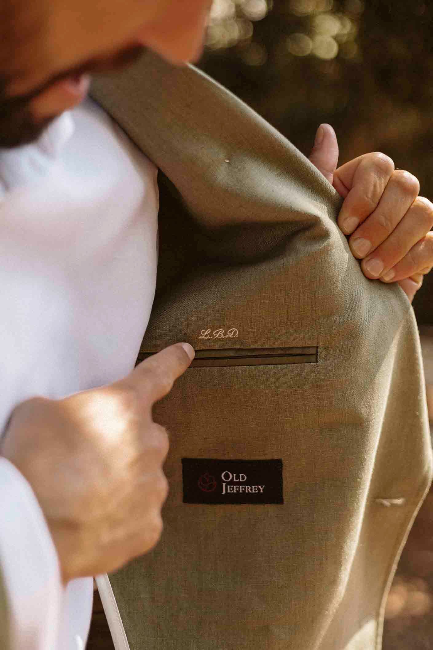 Olive Green Linen MTM Suit Bottled Spearhead Lapels 10.5 cm – Old