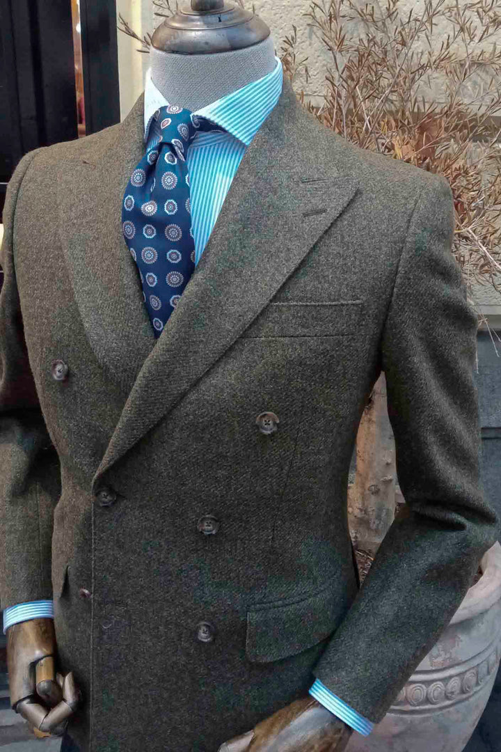 Khaki Green Double Breasted Blazer Horn Buttons