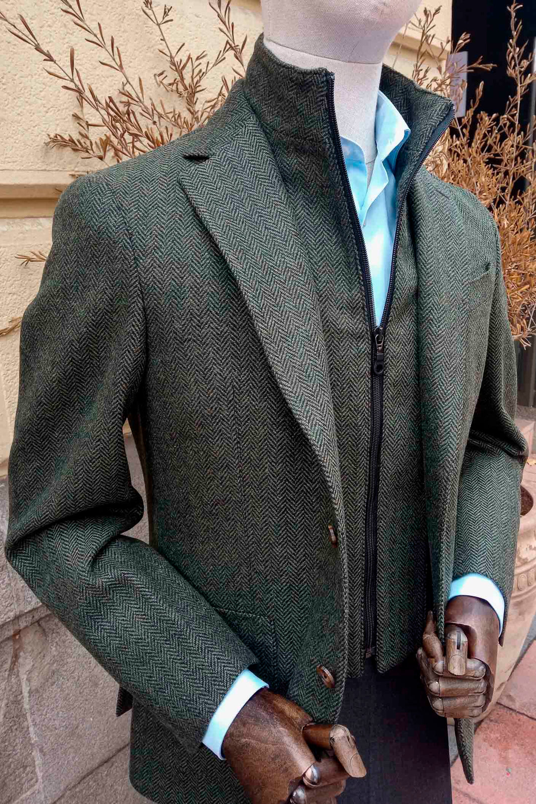 Bistro Green Herringbone Blazer with Bistro and Horn Buttons