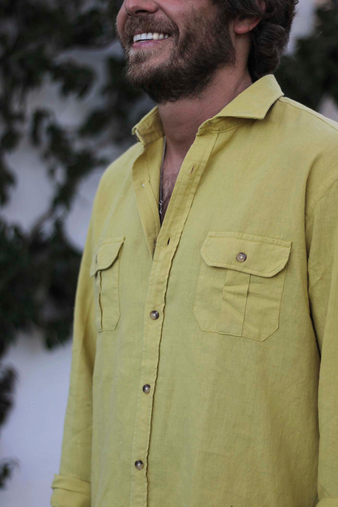 Distressed Mustard Linen Shirt with Double Pocket and Horn Buttons