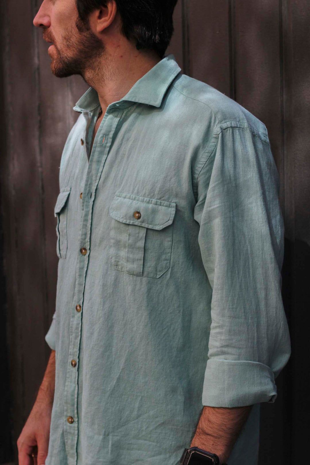 Sage Green Linen Shirt with Double Pocket and Horn Buttons