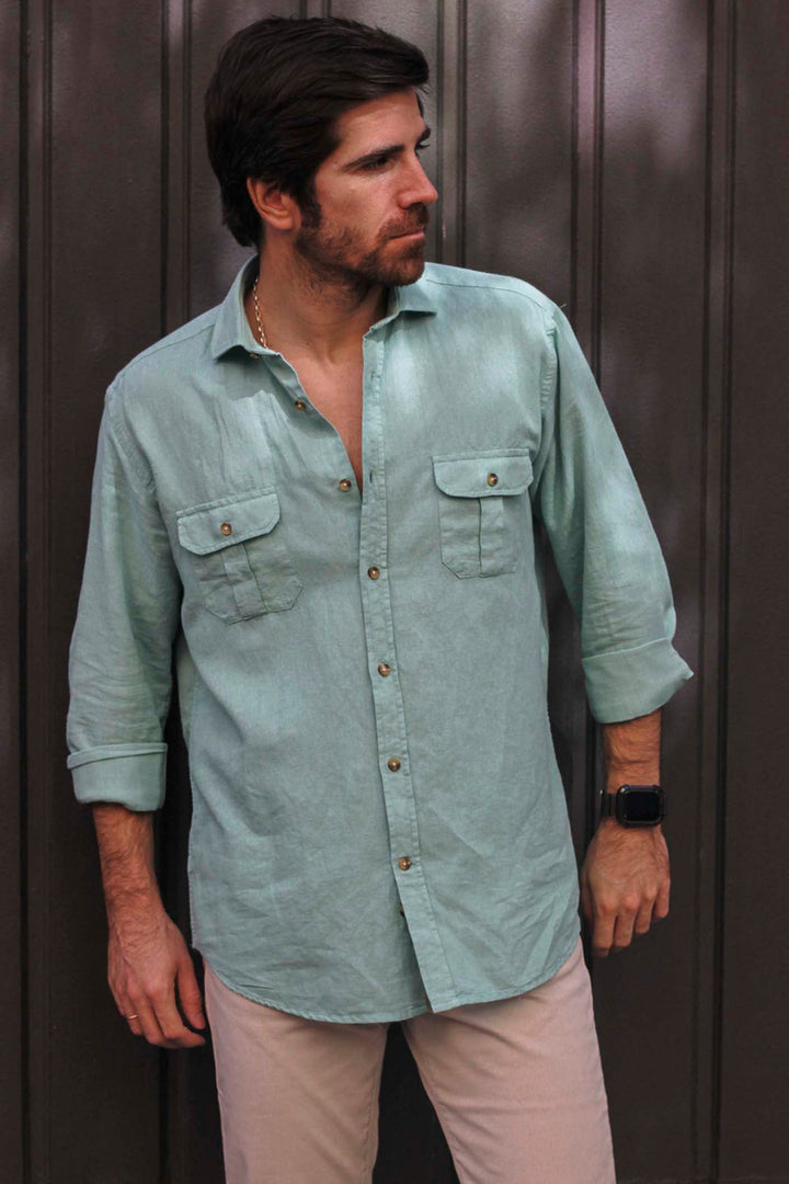 Sage Green Linen Shirt with Double Pocket and Horn Buttons