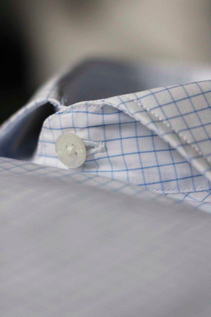 Light Blue Fine Linear Check White Dress Shirt WITHOUT Cufflinks