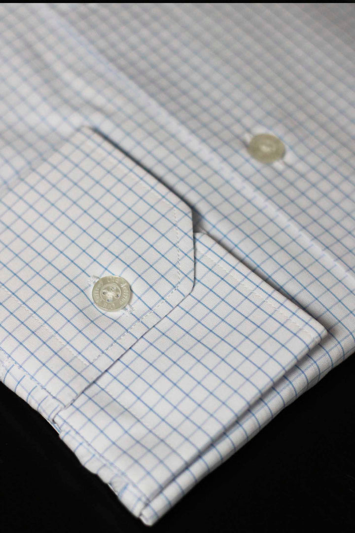 Light Blue Fine Linear Check White Dress Shirt WITHOUT Cufflinks