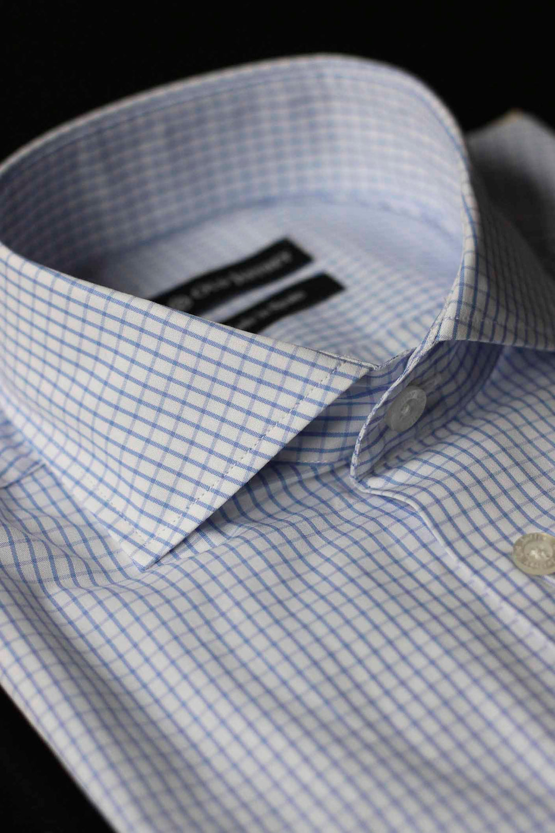 Light Blue Thick Linear Check White Dress Shirt WITHOUT Cufflinks