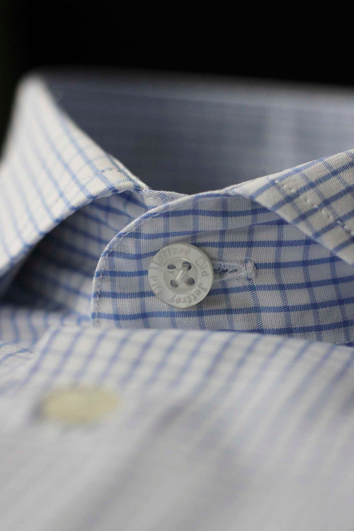 Light Blue Thick Linear Check White Dress Shirt WITHOUT Cufflinks