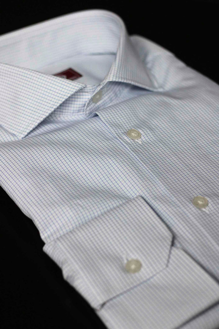 Camisa Vestir Blanca Micro Cuadro Lineal Fino Celeste SIN Gemelos