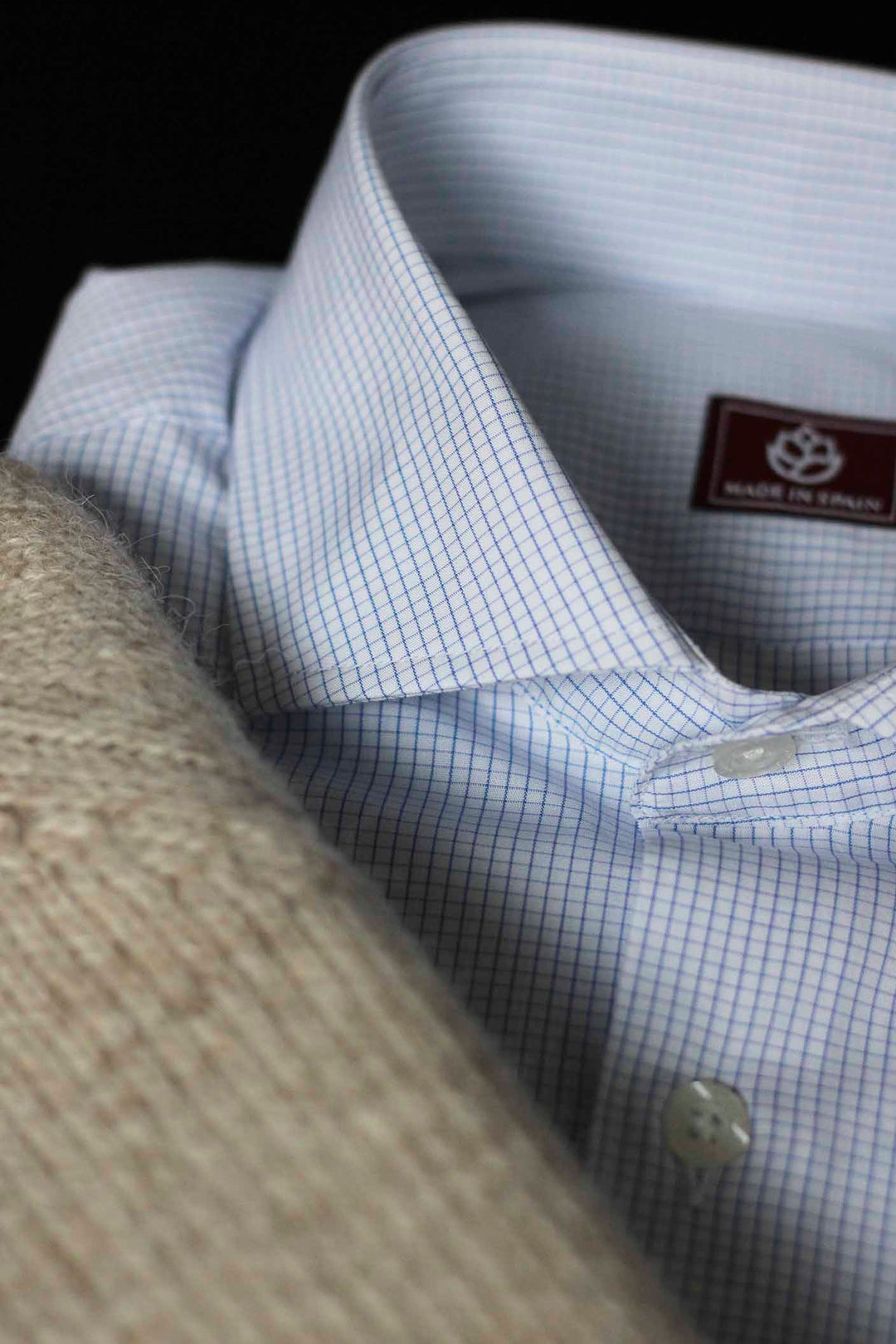 White Dress Shirt Light Blue Fine Linear Micro Square WITHOUT Cufflinks