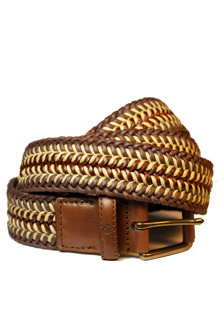 Brown Braided Hemp Belt With Leather Trim