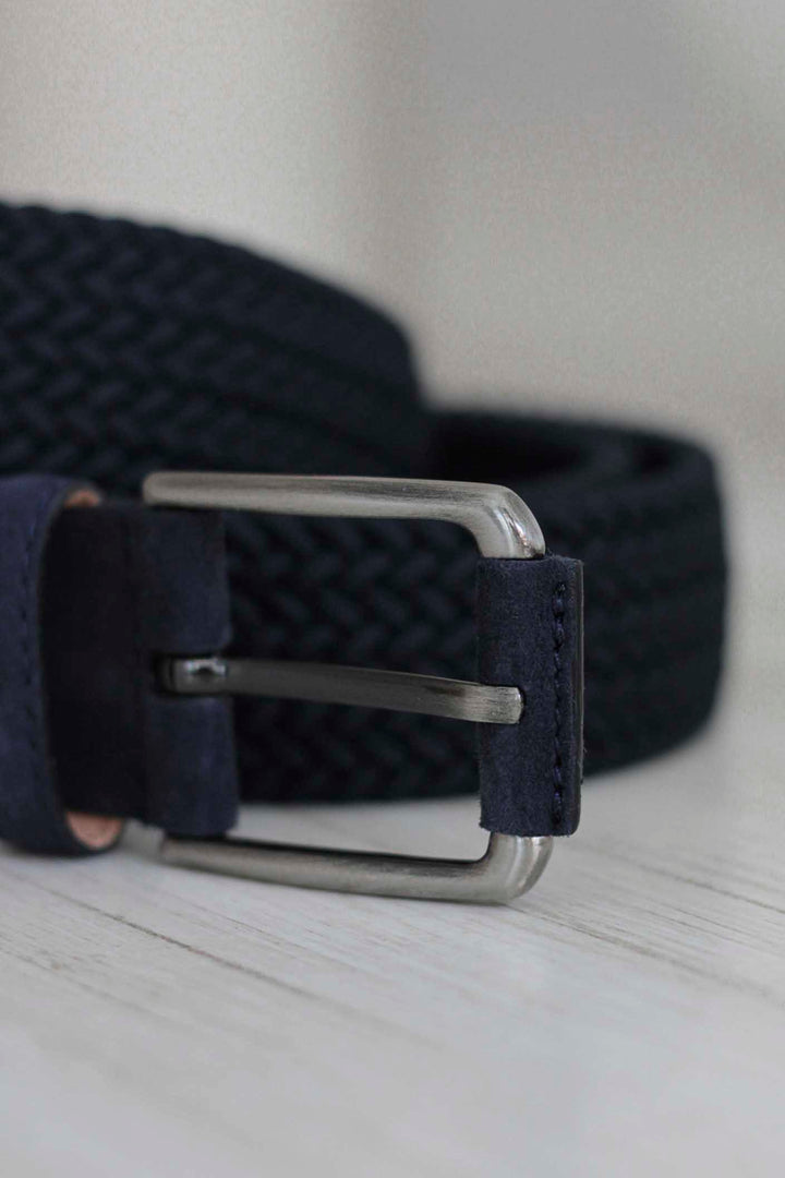 Navy Blue Elastic Cotton and Suede Braided Belt