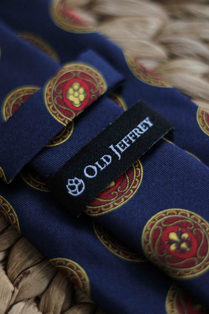Navy Blue Silk Napoli Tie Red and Yellow Medieval Shield