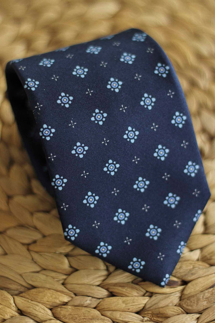 Navy Blue Silk Napoli Tie with Light Blue and White Geometry