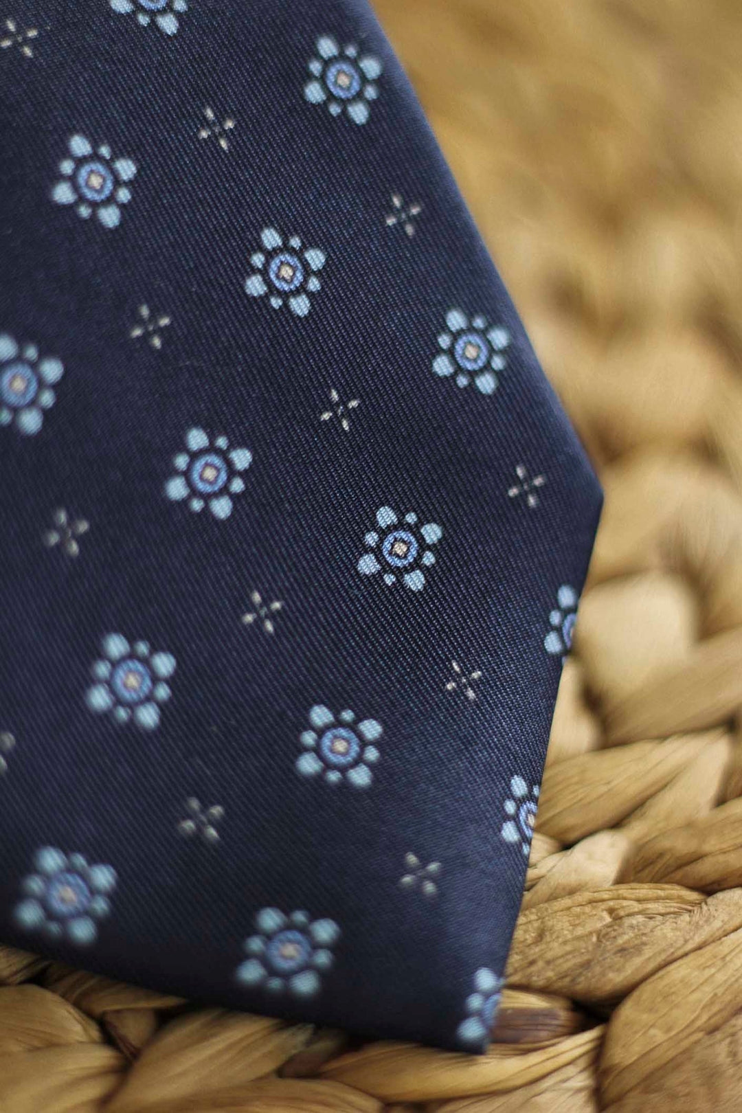 Navy Blue Silk Napoli Tie with Light Blue and White Geometry