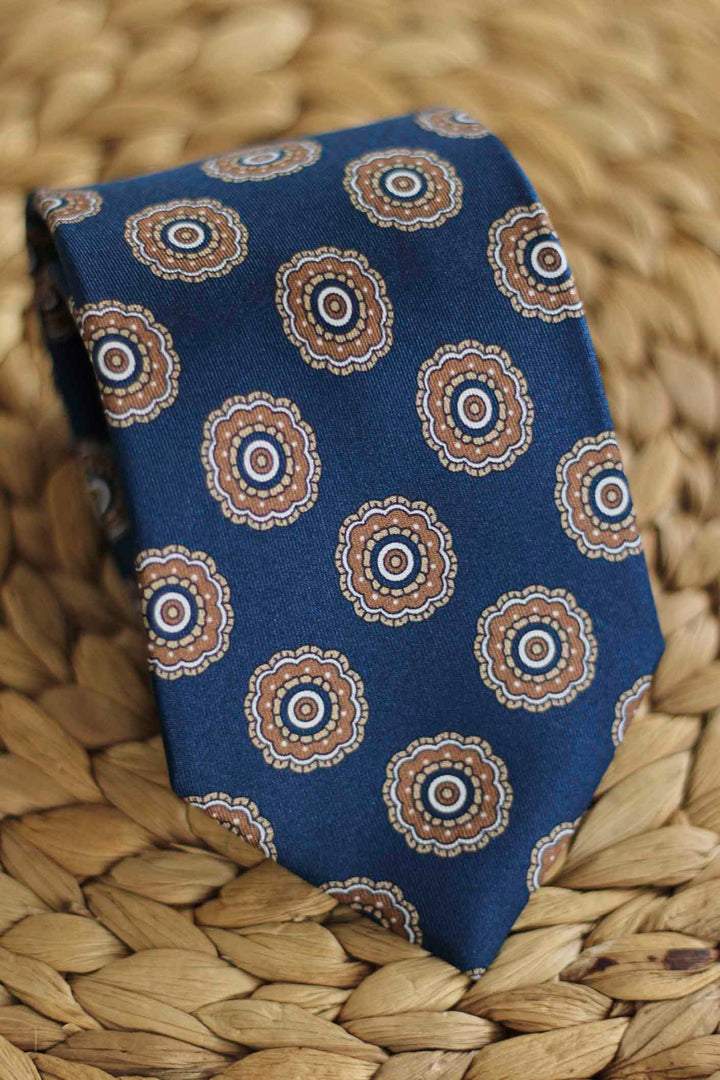 Oxford Blue Silk Tie Brown and White Medallions