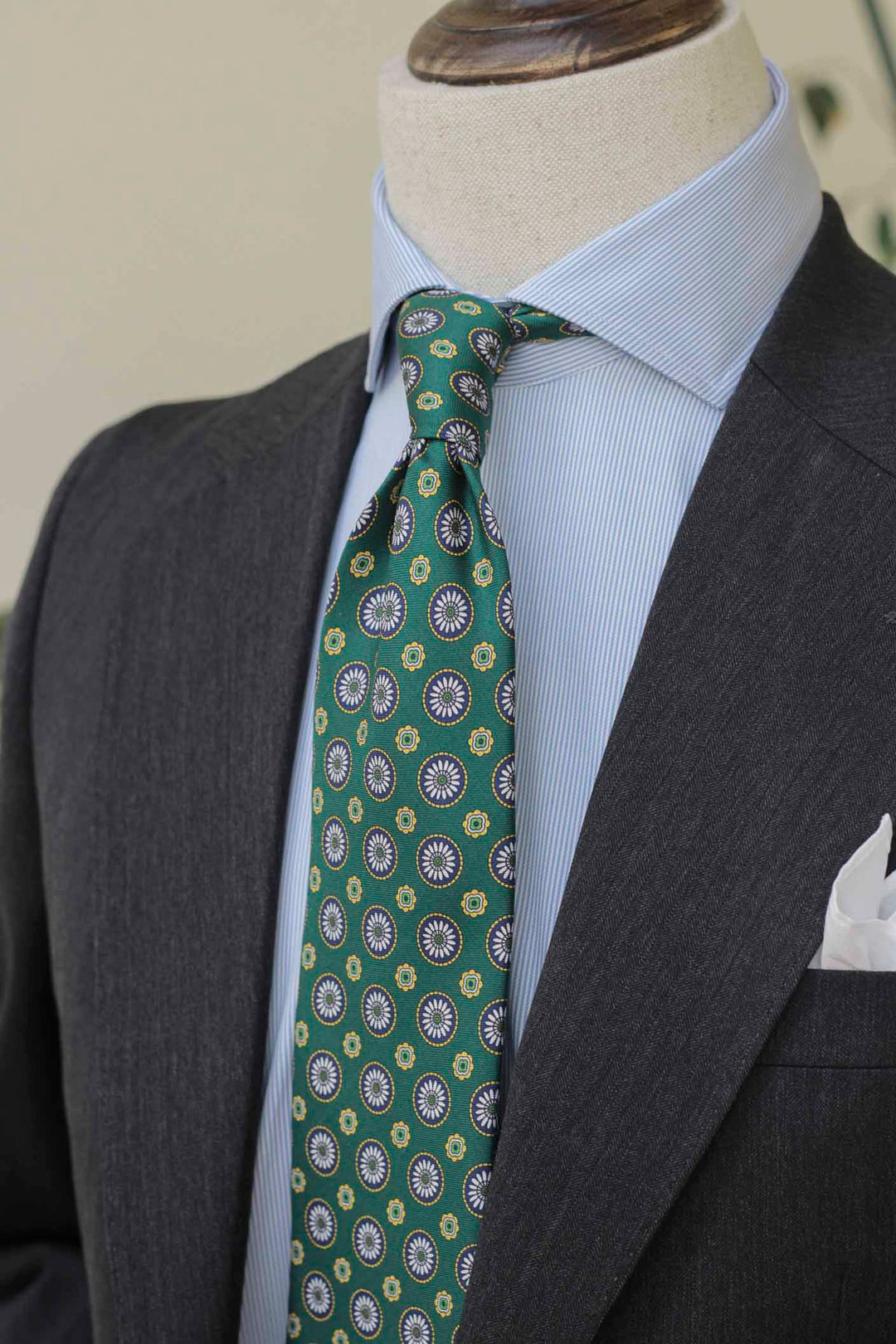 Napoli Silk Bottle Green Tie Blue, White and Yellow Geometry