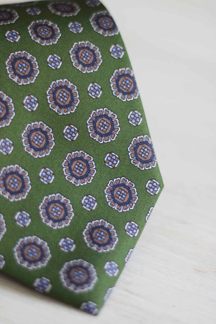 Napoli Silk Olive Green Tie Octagonal Medallion Blue Tones and Sawdust