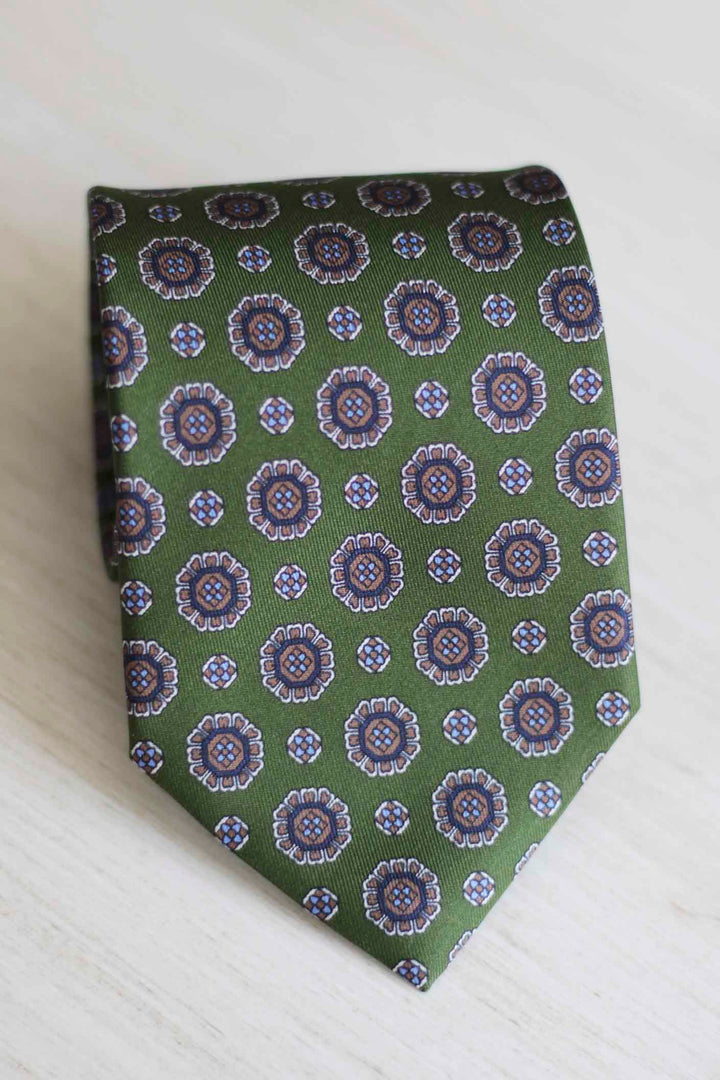 Napoli Silk Olive Green Tie Octagonal Medallion Blue Tones and Sawdust