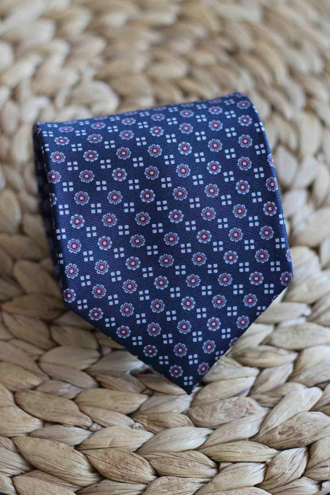Navy Blue Silk Napoli Tie with Bordeaux and Bone Shields