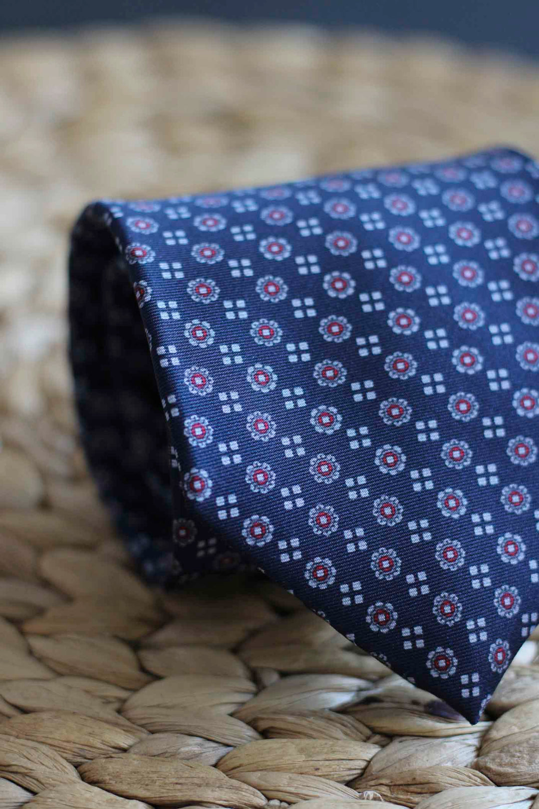 Navy Blue Silk Napoli Tie with Bordeaux and Bone Shields
