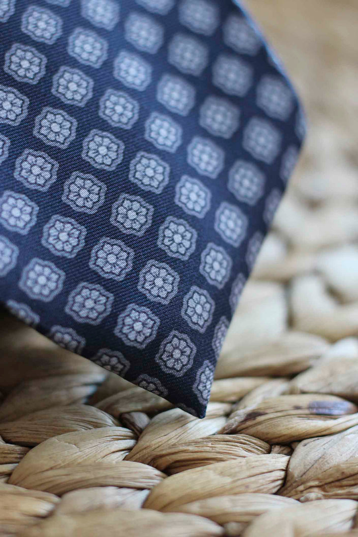 Navy Blue Silk Napoli Tie with White and Light Blue Lined Daisies