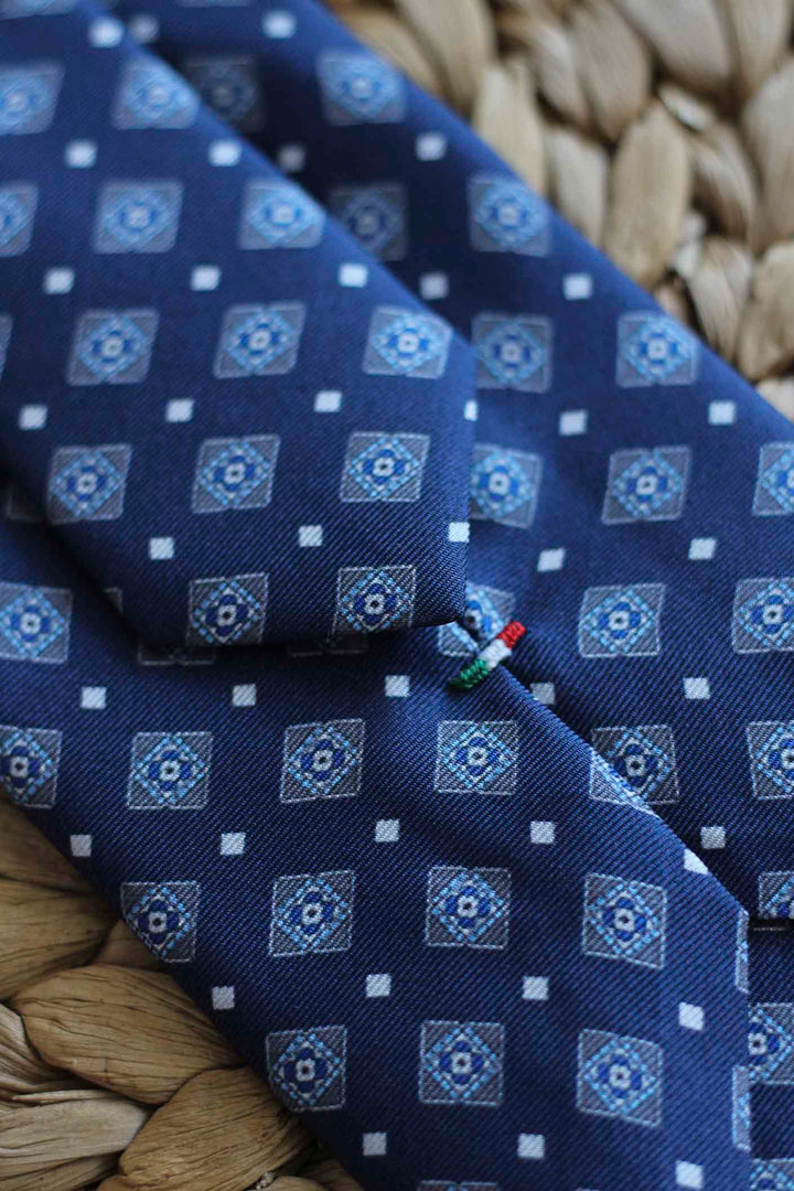 Navy Blue Silk Napoli Tie Light Blue and White Concentric Rhombus and Star