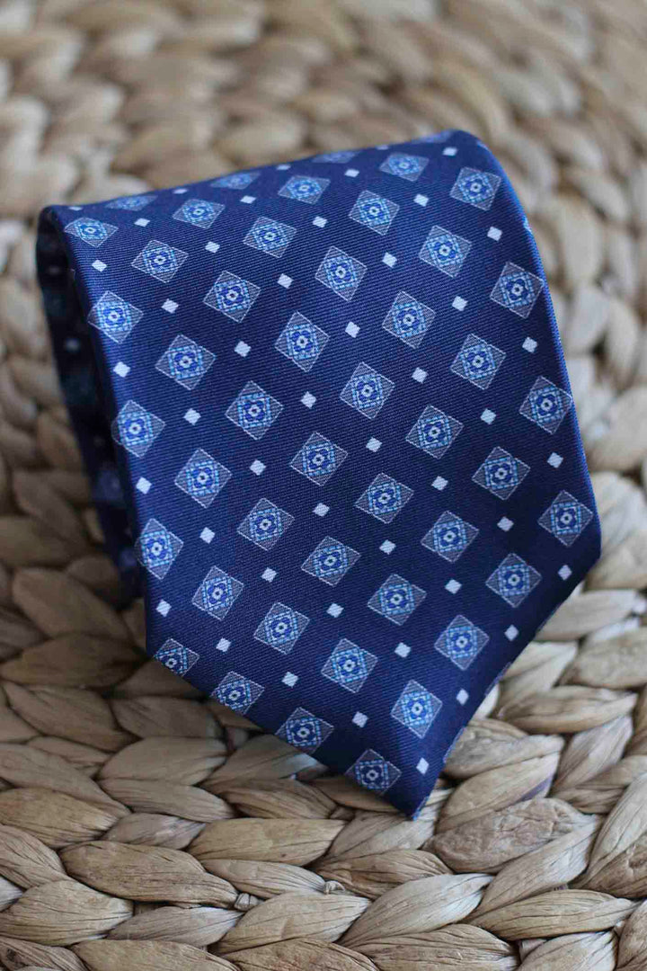 Navy Blue Silk Napoli Tie Light Blue and White Concentric Rhombus and Star