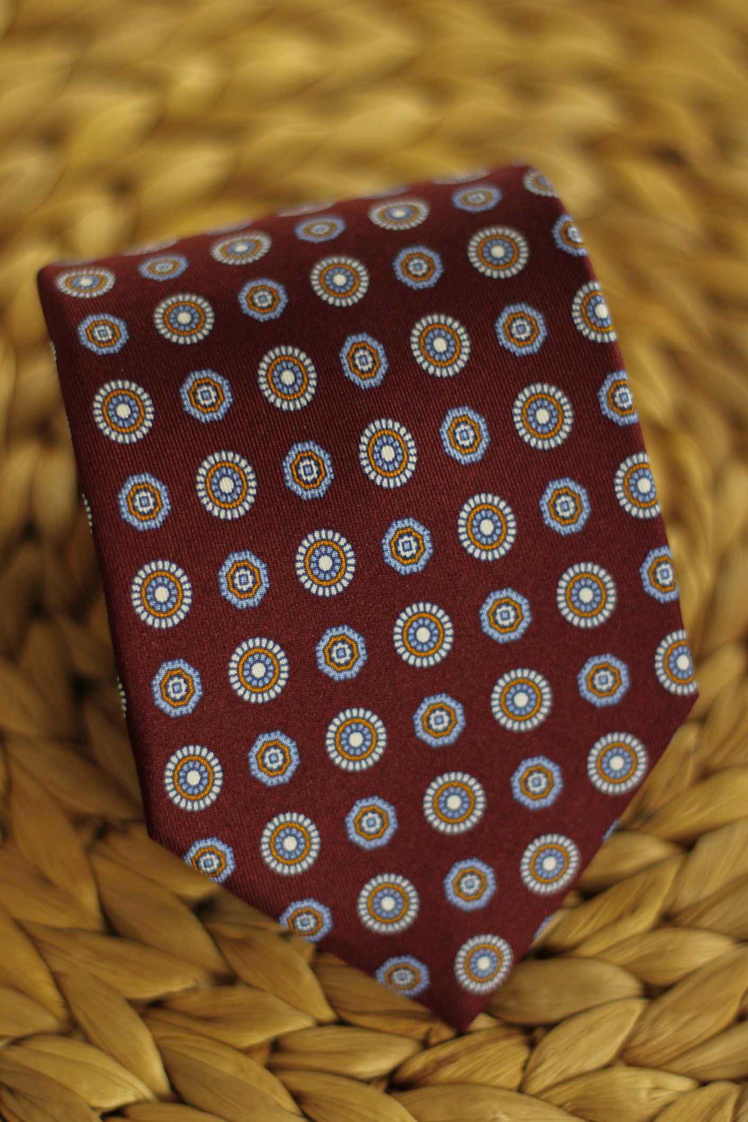 Burgundy Silk Napoli Tie with Off-White and Ocher Shields
