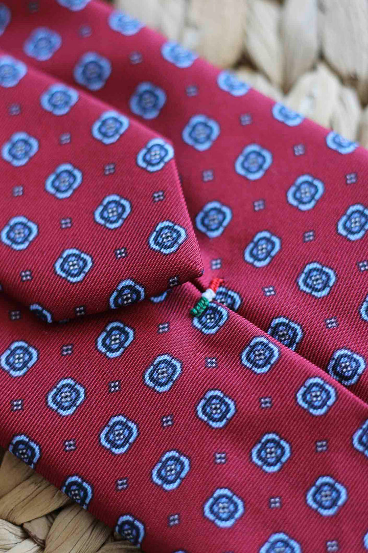 Corbata Napoli Seda Rojo Crimson Geometría Concéntrica Azul Celeste