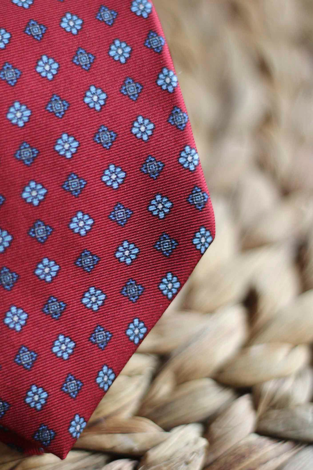Napoli Silk Ruby Red Daisies and Light Blue Stars Tie