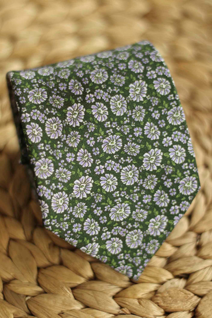 Napoli Silk Basil Green Tie Off White and Light Blue Flowers